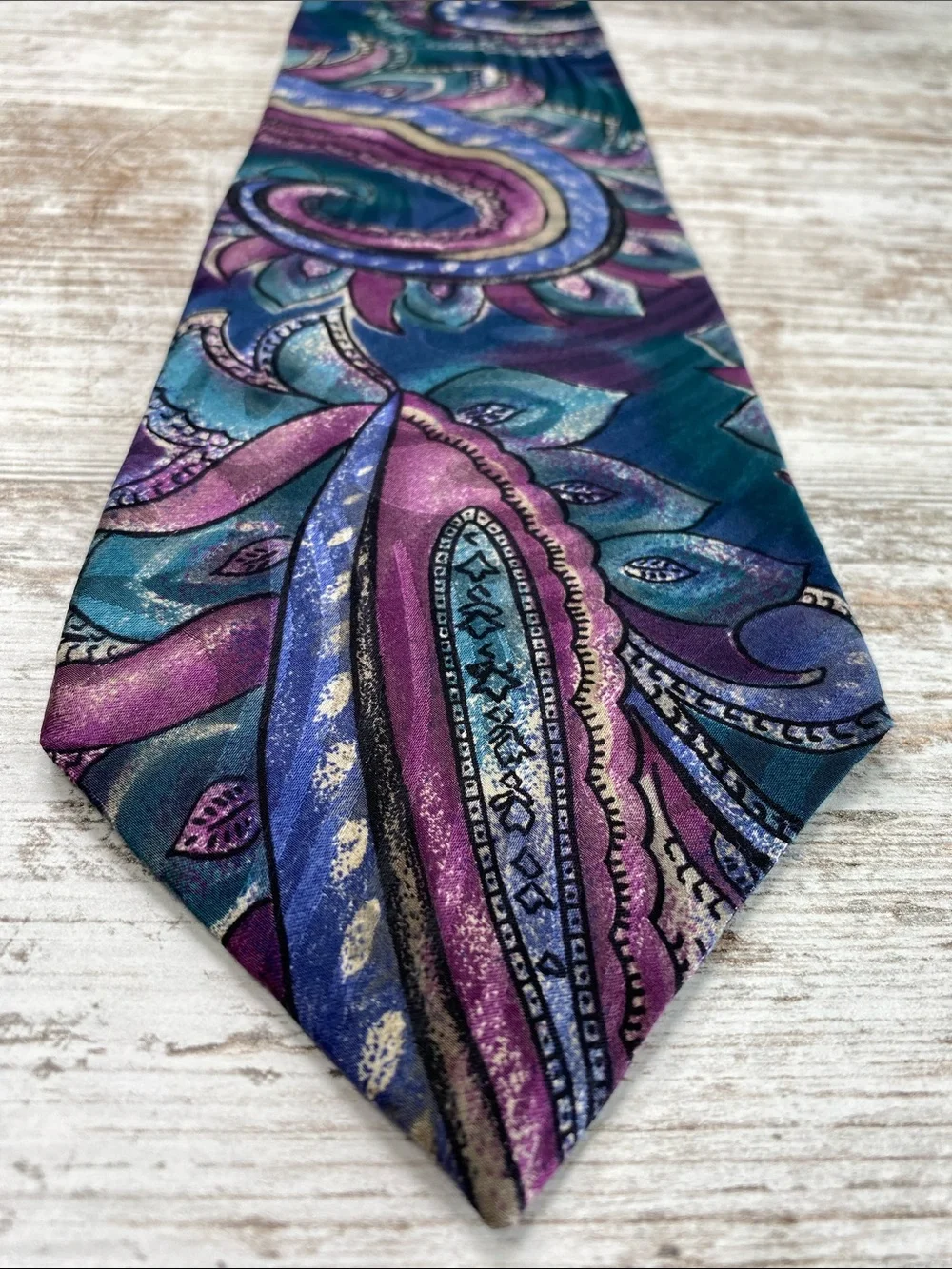 Vintage Wembley Silk Tie Purple Blue Paisley Abstract Wide Necktie 90s USA